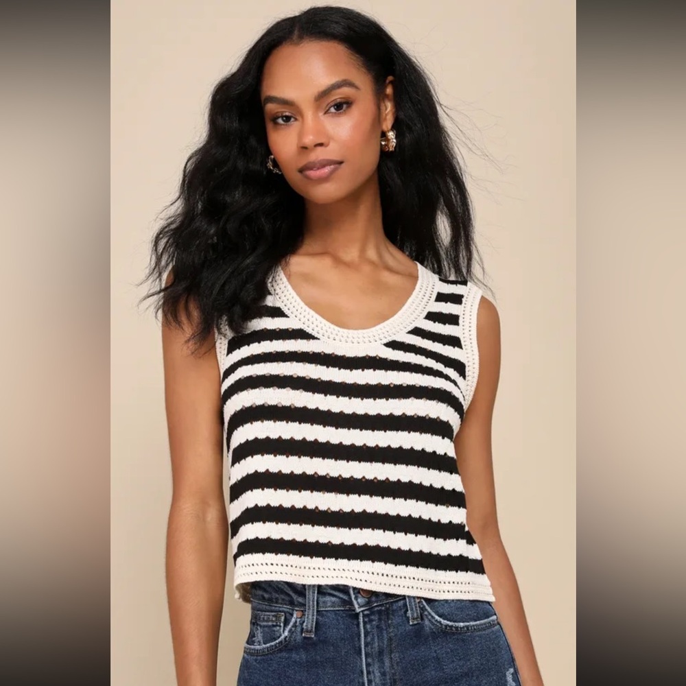 Lulu’s “Breezy Perspective” Beige and Black Striped Crochet Tank Top